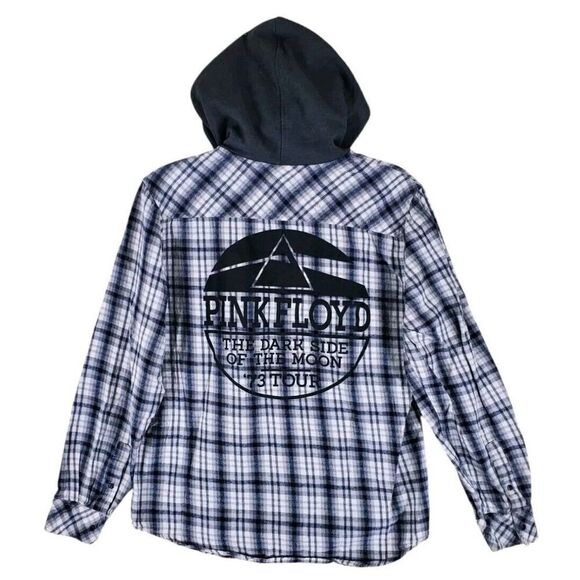 Pink Floyd Hooded Flannel Shirt Men M Black White Plaid Dark Side Of Moon '73 LS - Picture 11 of 11